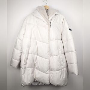 BCBGmaxazria White Puffer Winter Coat Women's Oversized XL Faux Fur Hooded Warm